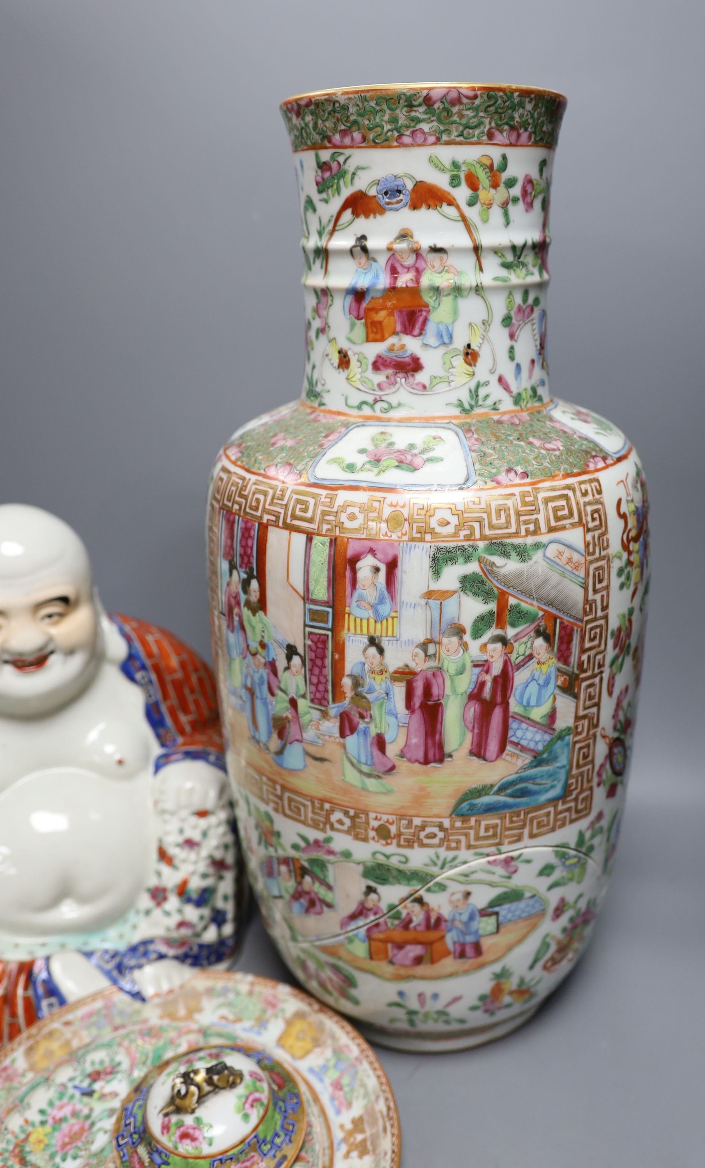 A Chinese famille rose vase, a figure of Budai, a turquoise glaze vase etc, vase 45 cms high.